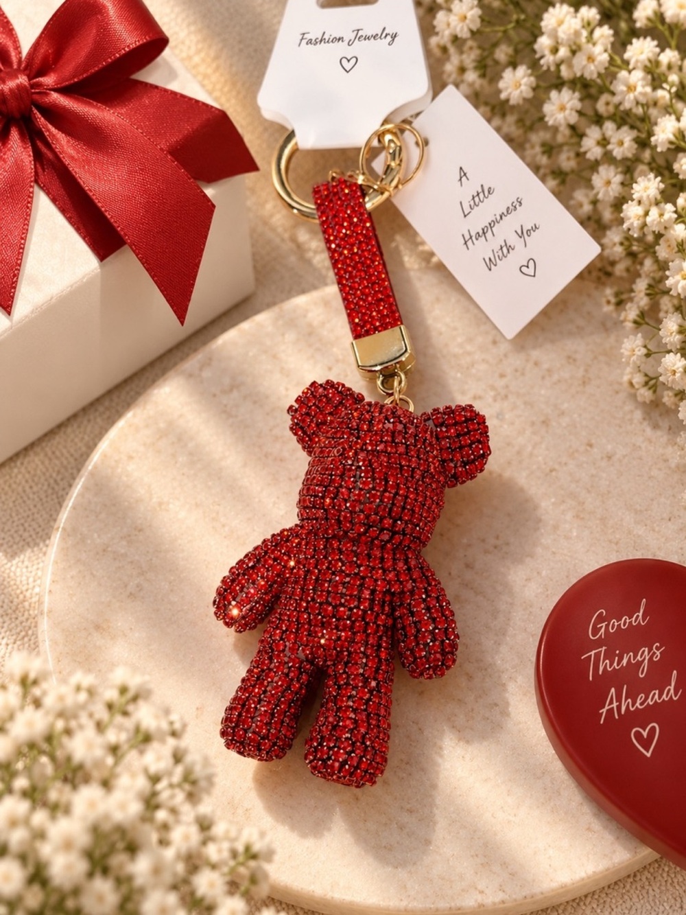 Red Crystal Teddy Bear Keychain Charm - Fashion Jewelry